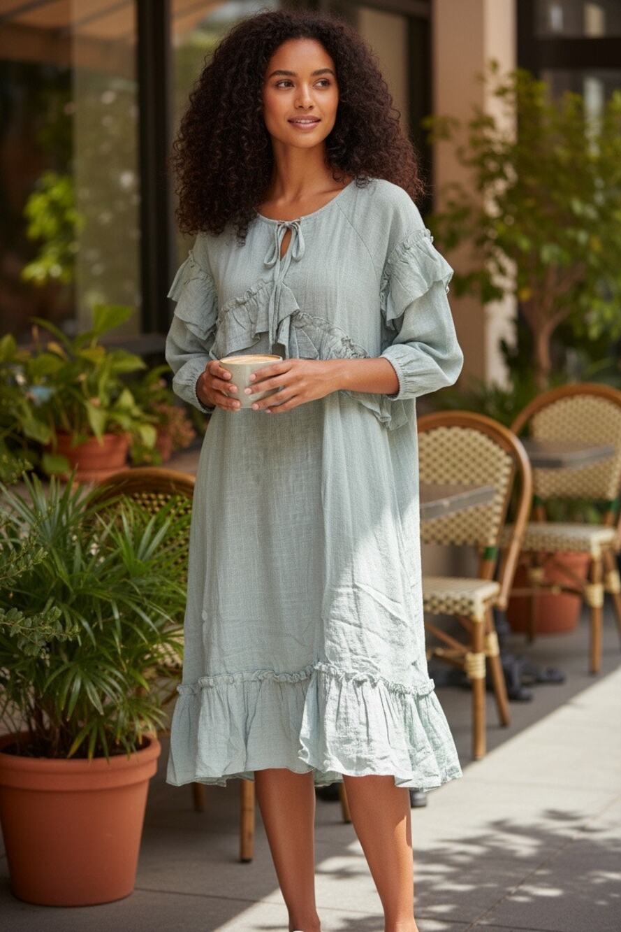 Hayden LA Dusty Mint Ruffle Tie Neck Dress Tunic | Size Large | NEW Boho Cotton